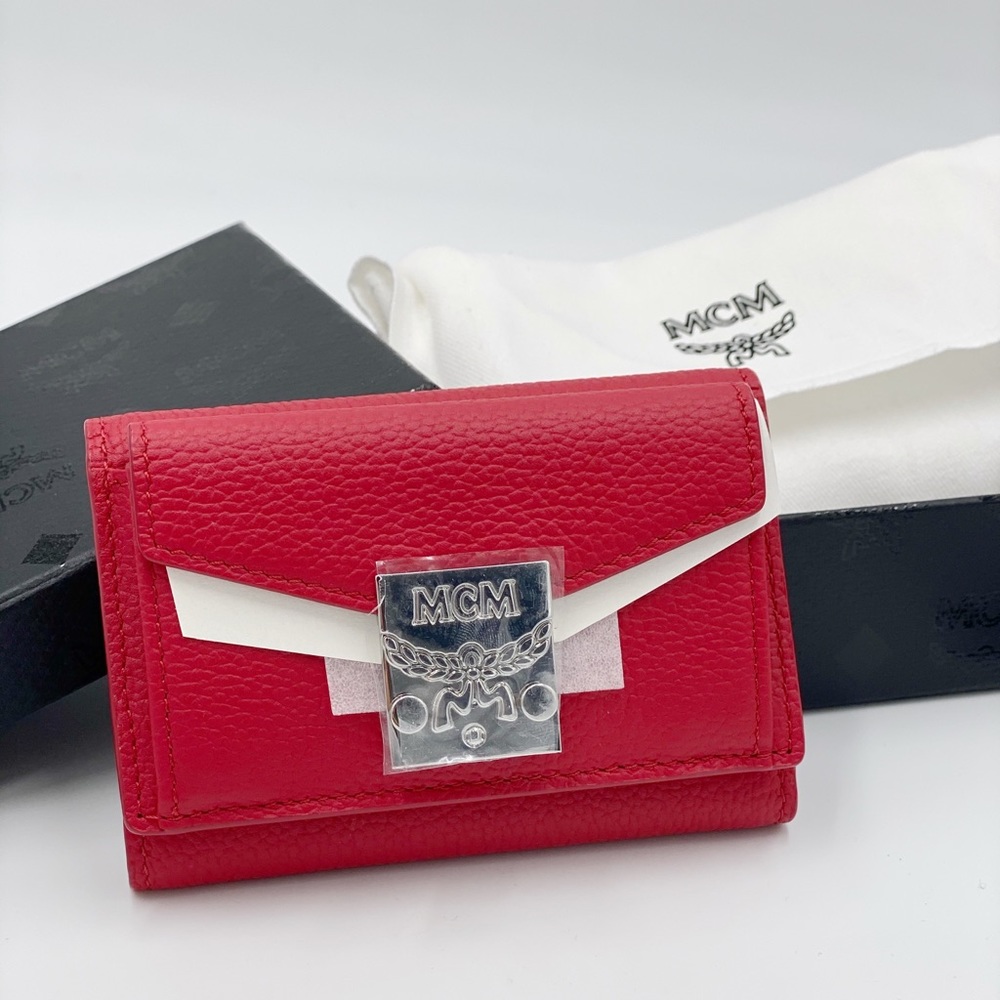 MCM Red Leather Card Case Mini Wallet Coin Pocket